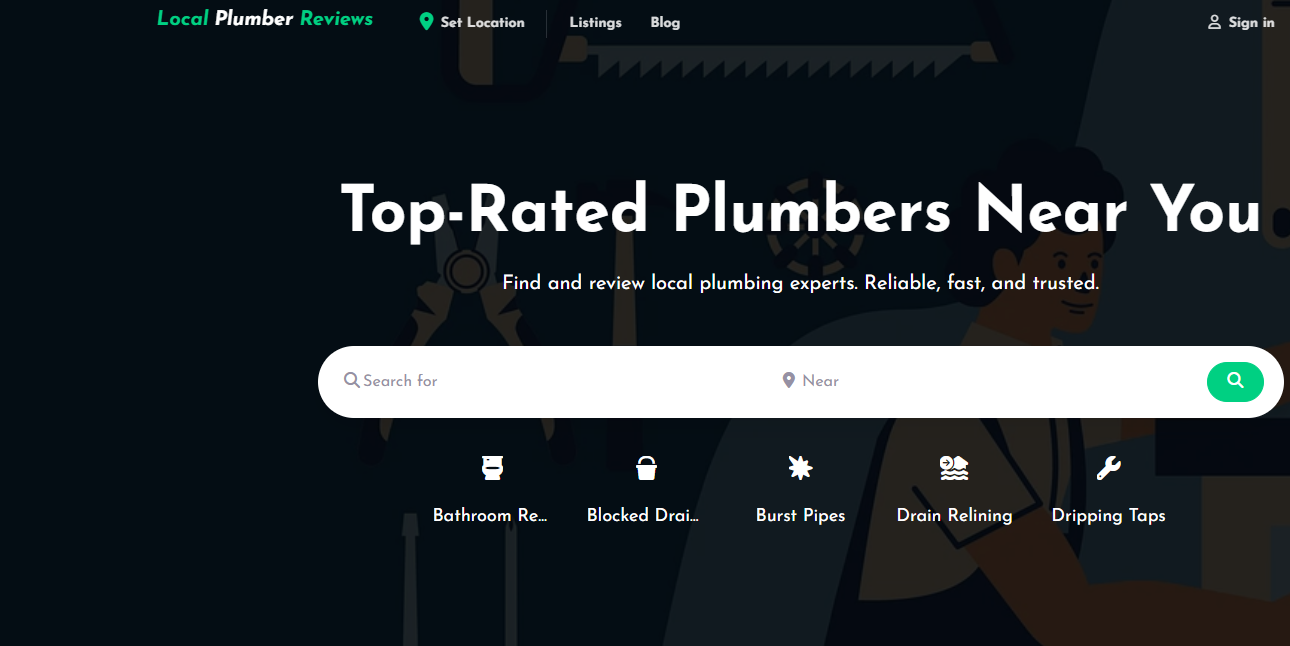 screenshot capture of Homepage banner for Local Plumber Reviews website featuring the headline “Top-Rated Plumbers Near You,” a search bar for finding local plumbing services, and icons for common services like blocked drains, burst pipes, and drain relining